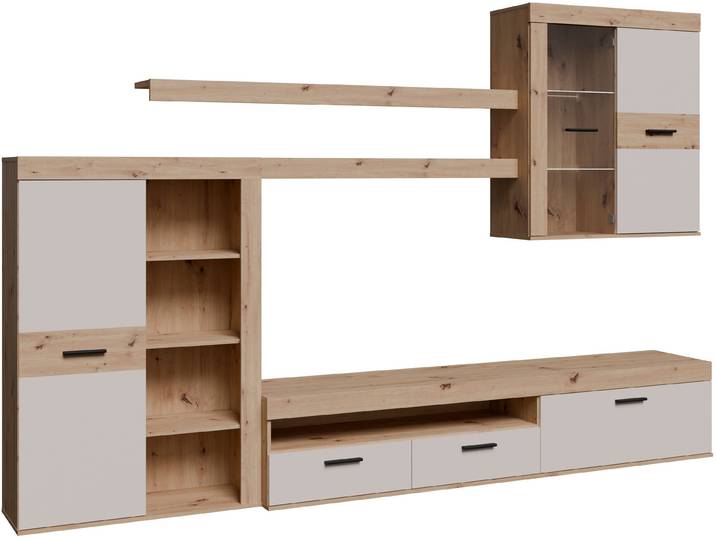 Wohnwand FORTE, beige (artisan eiche, kashmir beige), B:300cm, Dekorfolie, Glas, Holzwerkstoff, Kastenmöbel-Sets, Wohnwand, B/H/T 300/22,9/41 cm