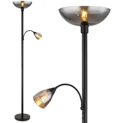 Stehleuchte Deckenfluter Standlampe Leseleuchte Schlafzimmerleuchte Wohnzimmerlampe, Metall schwarz Glas rauchfarben, getrennt schaltbar Lesespot schwenkbar, H 178 cm