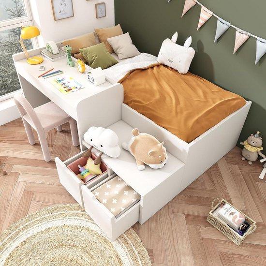 Babybett mit Schreibtisch - Kinderbett Kinderzimmer - Freiraum - Massivholzrahmen - 90 x 200 cm - Weiß