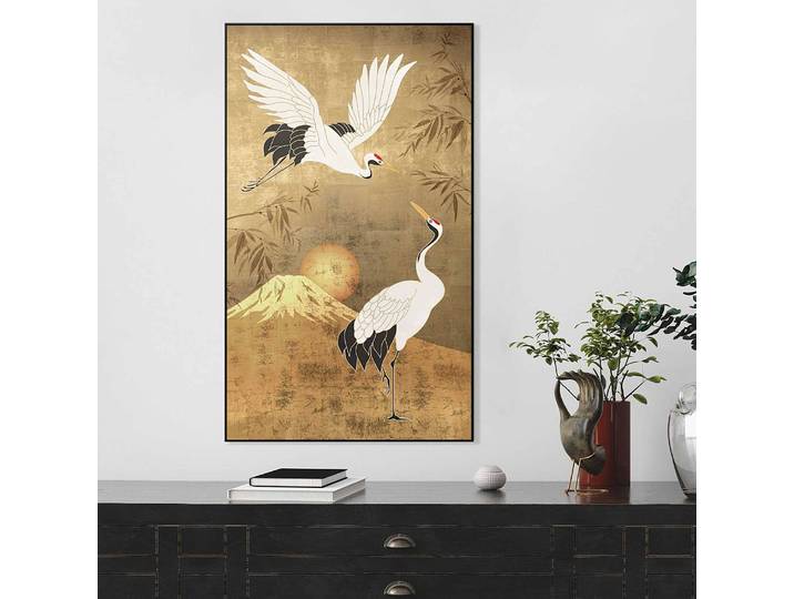 home24 Afbeelding Kraanvogels Lijst van MDF met schaduwvoeg en verfijnd papier goud 70 x 118 x 3cm