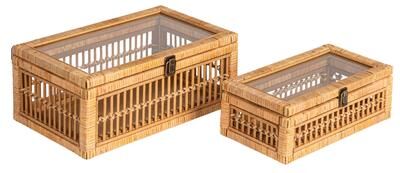 Storied Home Rattan and Bamboo Nestable Storage Boxes with Glass Lids, Set of 2