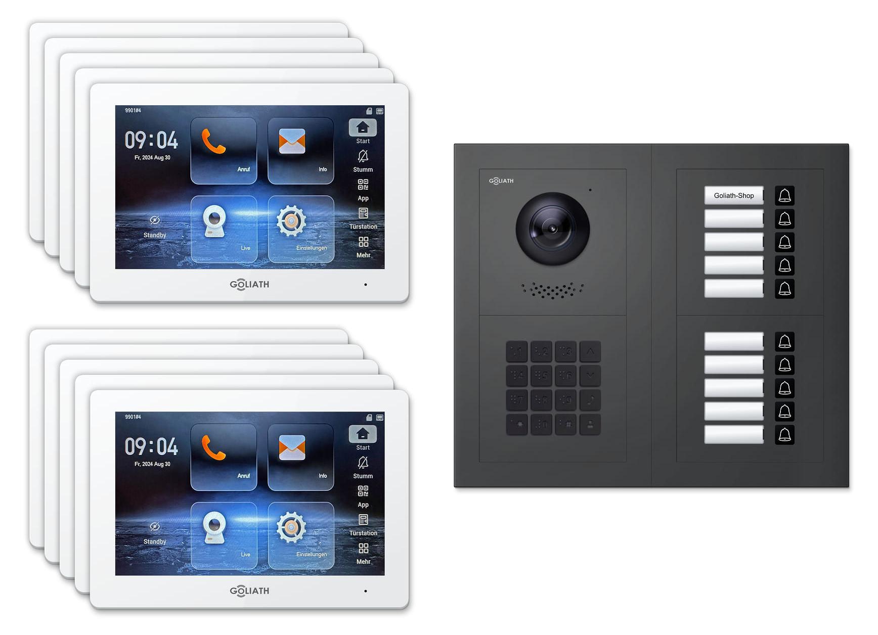 Goliath Premium IP GL-IPH1025A Video-Türsprechanlage, 10 Familien, 10× 7 Zoll Weiß, Anthrazit, Unterputz