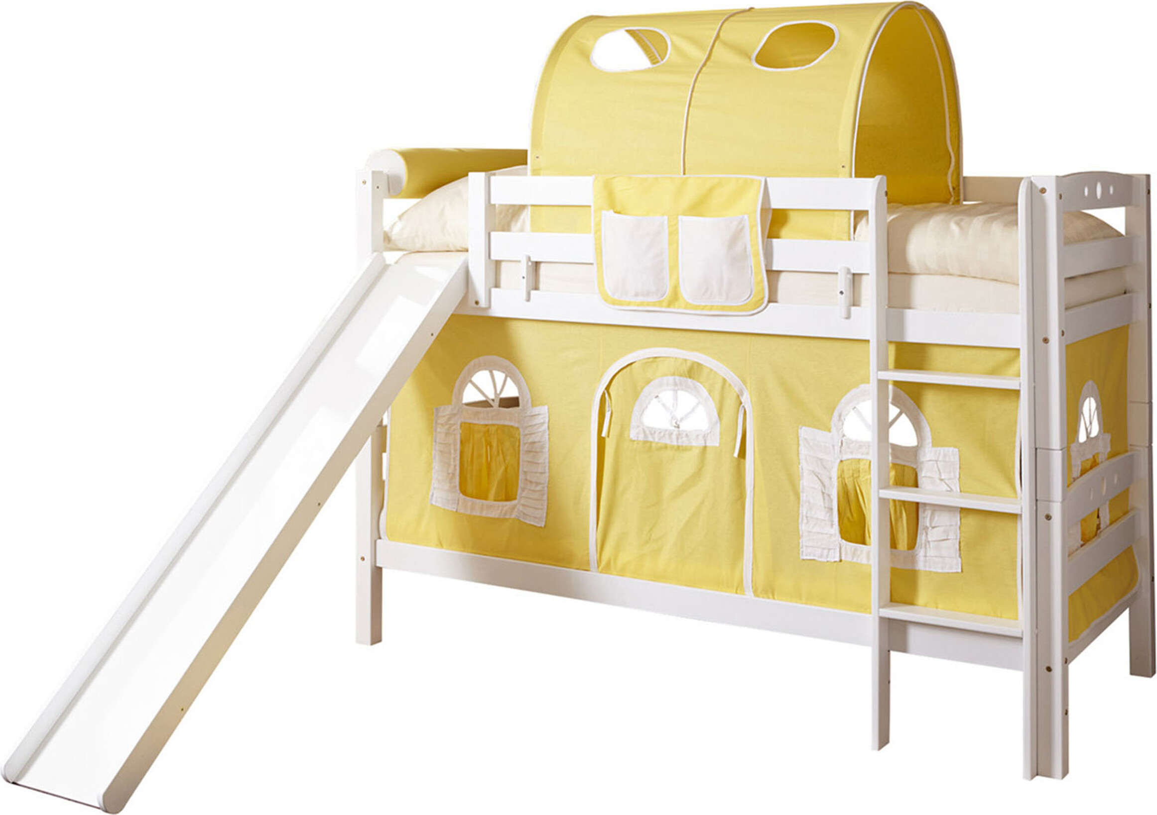 Etagenbett mit Rutsche Doppelbett Lupo Buche massiv Weiss, Vorhangstoff:Gelb Weiss