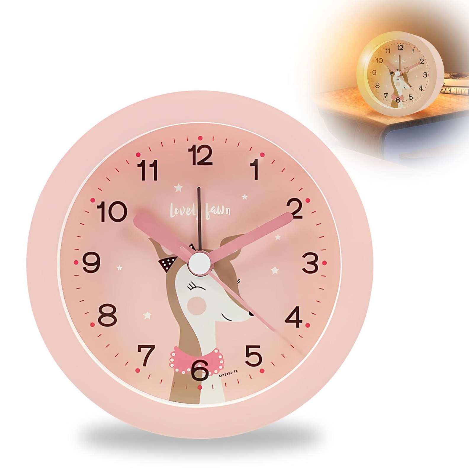 Dripio Kinderwekker met cartoon-hertje en nachtlampje, analoog, roze