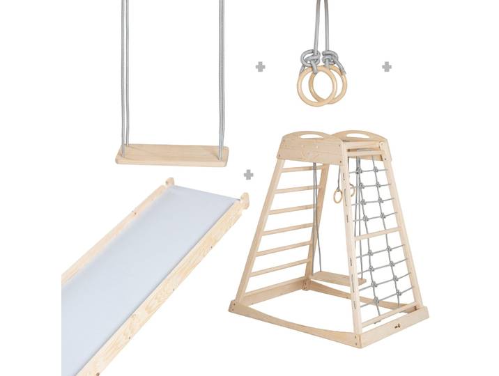 roba Montessori Indoor Spielturm inkl. 2in1 Rutsch- & Kletterbrett, Kletternetz- & Sprossenseite, Schaukel & Turnringen - Geeignet ab 24 Monaten