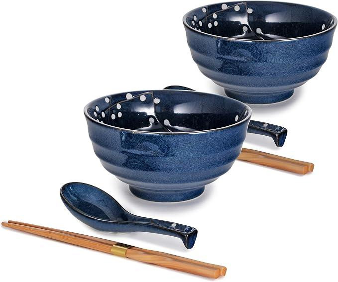 Silecomplaza Set van 6 Multifunctionele Porseleinen Noedelsets met Blauw Kersenbloesemmotief, inclusief Lepel en Bamboe Stokjes