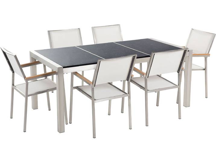 BELIANI Gartenmöbel Set Schwarz Weiß Granit Edelstahl Tisch 180 cm Poliert 6 Stühle Terrasse Outdoor Modern