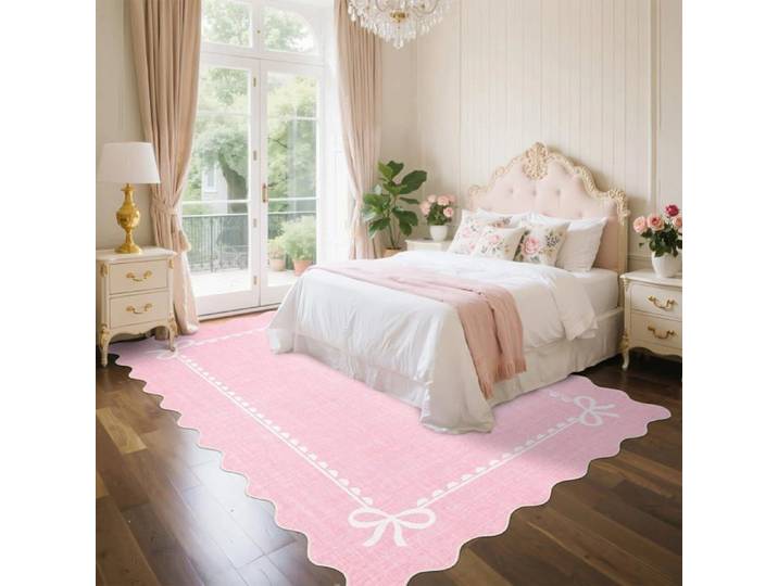 Grand tapis à volants motif nœud rose 200×290cm lavable antidérapant dos caoutchouc chambre enfant