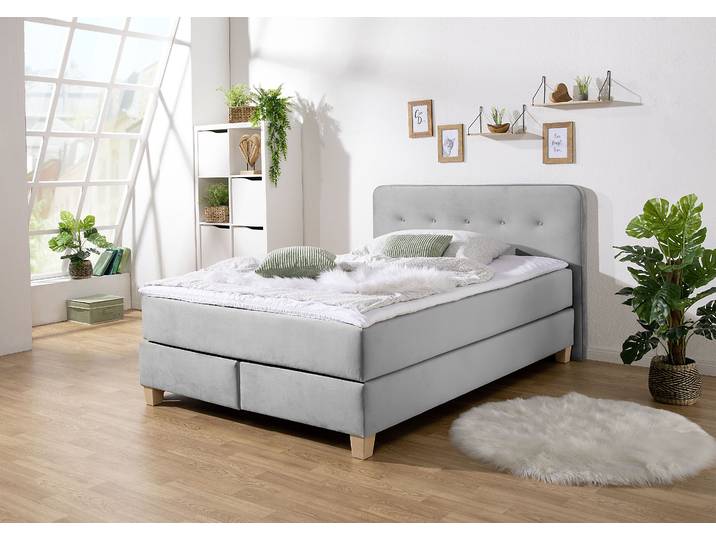 Boxspringbett, Grau, 153x227 cm, Strukturstoff & Samt, Mit Topper, Modern, Home-affaire