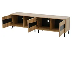 TV Schrank Lowboard 180x40x50 in Holzoptik und Schwarz mit 4 Schraenken und grosser Ablageflaeche fuer 75 Zoll Fernseher stabiler Stand