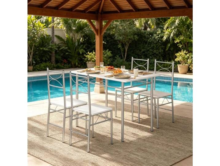 Ensemble table à manger VUENOR avec 4 chaises blanc argent design moderne gain de place