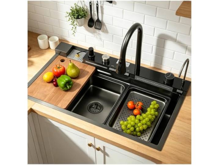 Küchenspüle aus Edelstahl, 1 Badewanne, multifunktional, mit Wasserfall, Stainless Steel Sink mit Zubehör-Set, moderne Küchenspüle (Black-Grey, 80 x 50 cm)