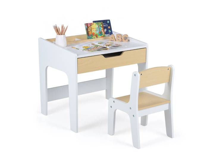 Kindertafel met Stoel 2 - Delige Kindersitgroep van Hout Kindermöbel Zitgroep Knutselen en Huiswerk voor Kinderen vanaf 3 jaar Wit en Naturel