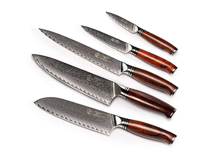 YARENH 5er Damastmesser Set, Scharfes Profi Damast Kochmesser Messerset, 73 Schichten Damaskus Stahl Küchenmesser Set, Ergonomischer Sandelholzgriff, Mit Geschenkbox