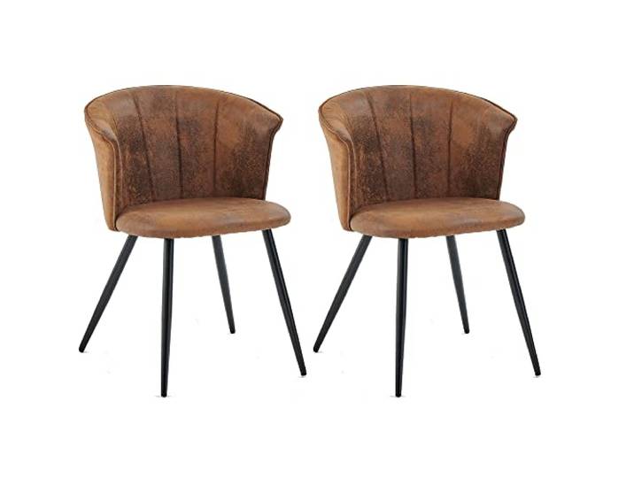 MEUBLE Cosy Esszimmerstühle 2er Set Küchenstuhl Retro Polsterstuhl mit Armlehne Sessel aus Vintage Künstlich Wildledersitz Metallbeine Braun