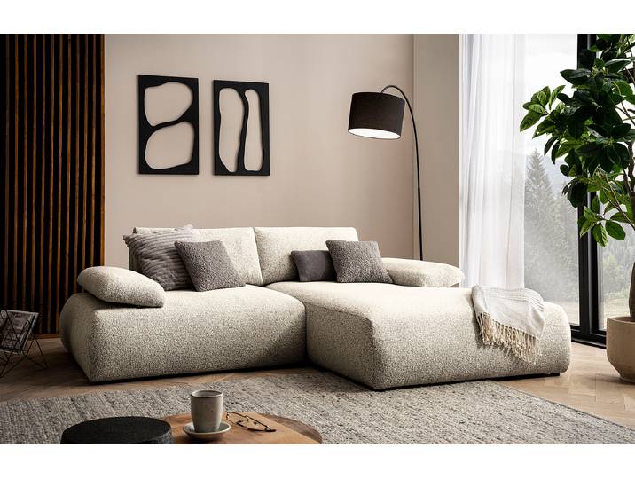 Ecksofa FRYA mit Longchair Silber Strukturstoff Purna 244cm Longchair davorstehend rechts Modern
