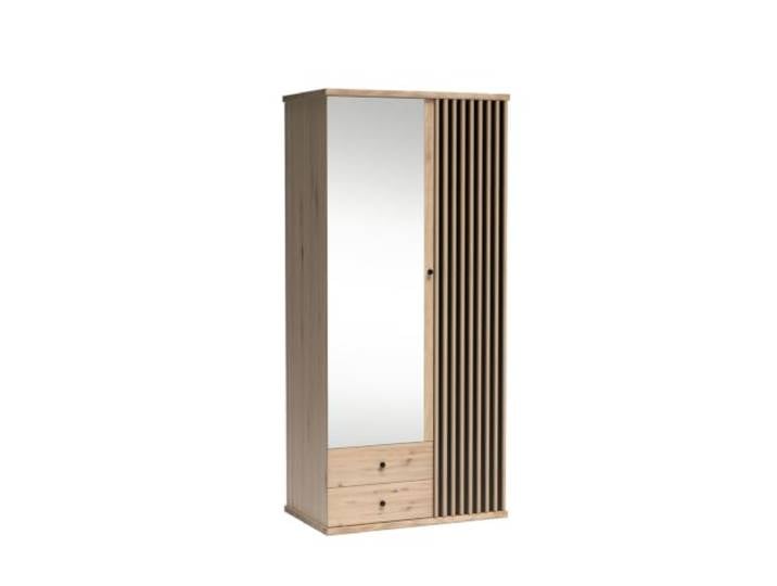 Komodee Kleiderschrank NAKUSP - Eiche - Lamellen - Spiegel - Offen - 100 x 213 x 60 cm