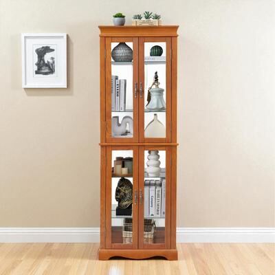 Fundinbaths Lighted Glass Display Cabinet with Adjustable Shelves, Wood Frame and Six-Tier Design, Bulb Included