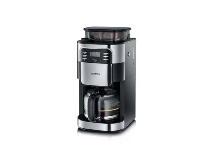 SEVERIN Kaffeemaschine mit Mahlwerk, Kaffeeautomat mit Glaskanne und Timer-Funktion, auch als Filterkaffeemaschine, Glas-Kaffeekanne für 8 Tassen, 1000 Watt, Edelstahl-gebürstet/Schwarz, KA 4810