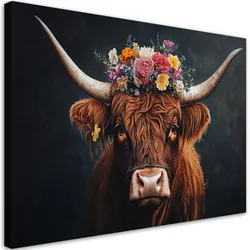 WANDBILD schottische hochlandkuh blumen