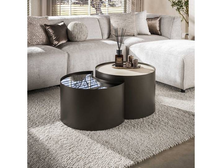 Couchtisch Set Duett , 2-teilig , Metallgestell , Braunglas , Travertin