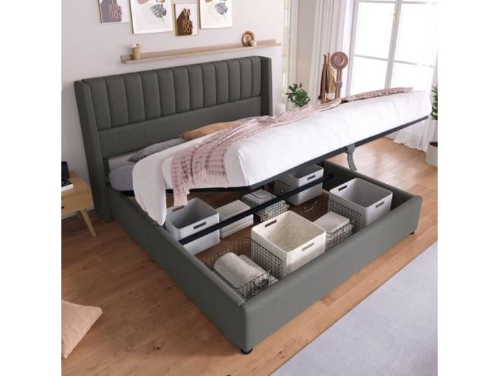 Lit coffre adulte - LEYTN - 180x200cm - Gris - Rangement sous le lit - Design contemporain