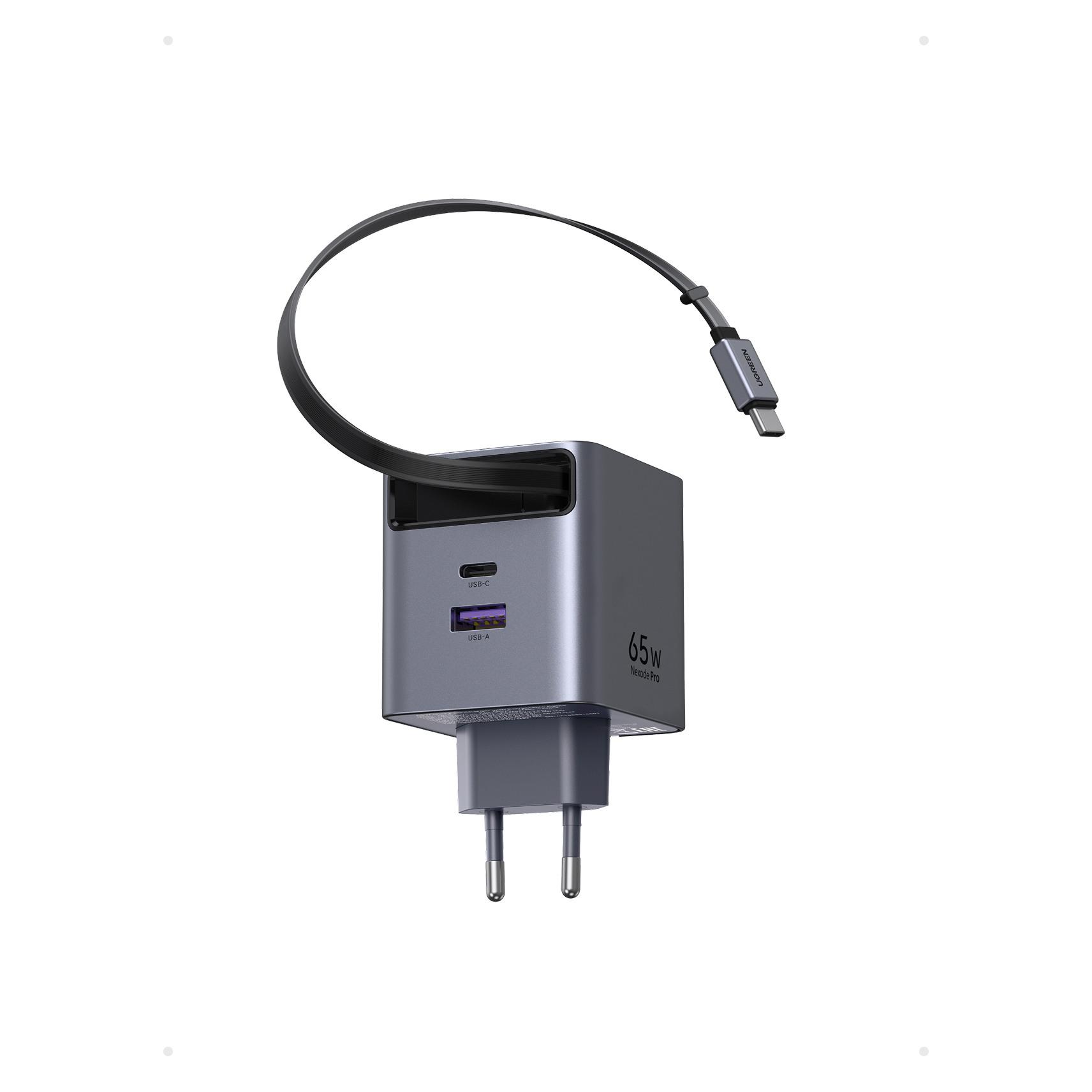 Ugreen Wall GaN Charger- Retractable Cable (65 W, 3 Ports) (65825)