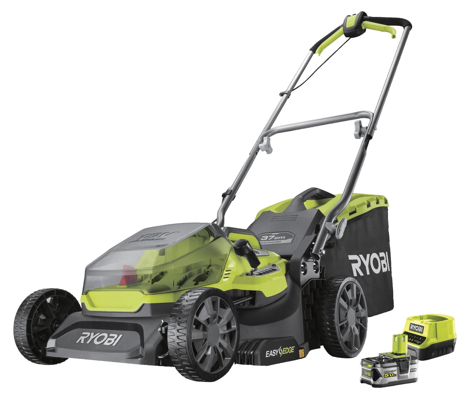 Ryobi RY18LMX37A-150 Grasmaaier voor 700 m², Maaibreedte: 37 cm, Maximale snijhoogte: 7 cm, Instelbare snijhoogte tot 2,5 cm, 4 wielen