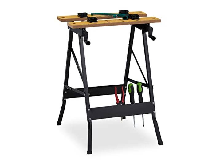 Relaxdays Établi Pliable avec des étaux\, 75\,5 x 56 x 62 cm\, Dessin de rapporteur\, supporte jusqu'à 100 kg\, Nature\, Noire
