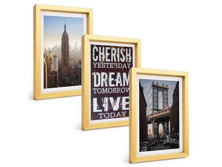 BILDER SET 3er Set - 20x30 cm Goldrahmen - Zitat über New Yorker Landschaften