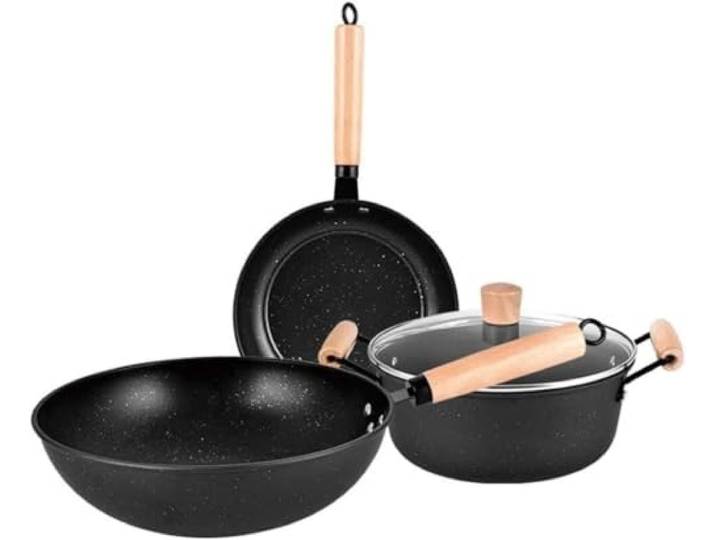 Topfset 3-teiliges Kochgeschirr-Set, Wok, Bratpfanne, Topf Mit Deckel, Töpfe, Pfannen, Set Aus Maifan-Stein, Antihaftbeschichtete Eierpfanne, Kochutensilien Kochtopf Set