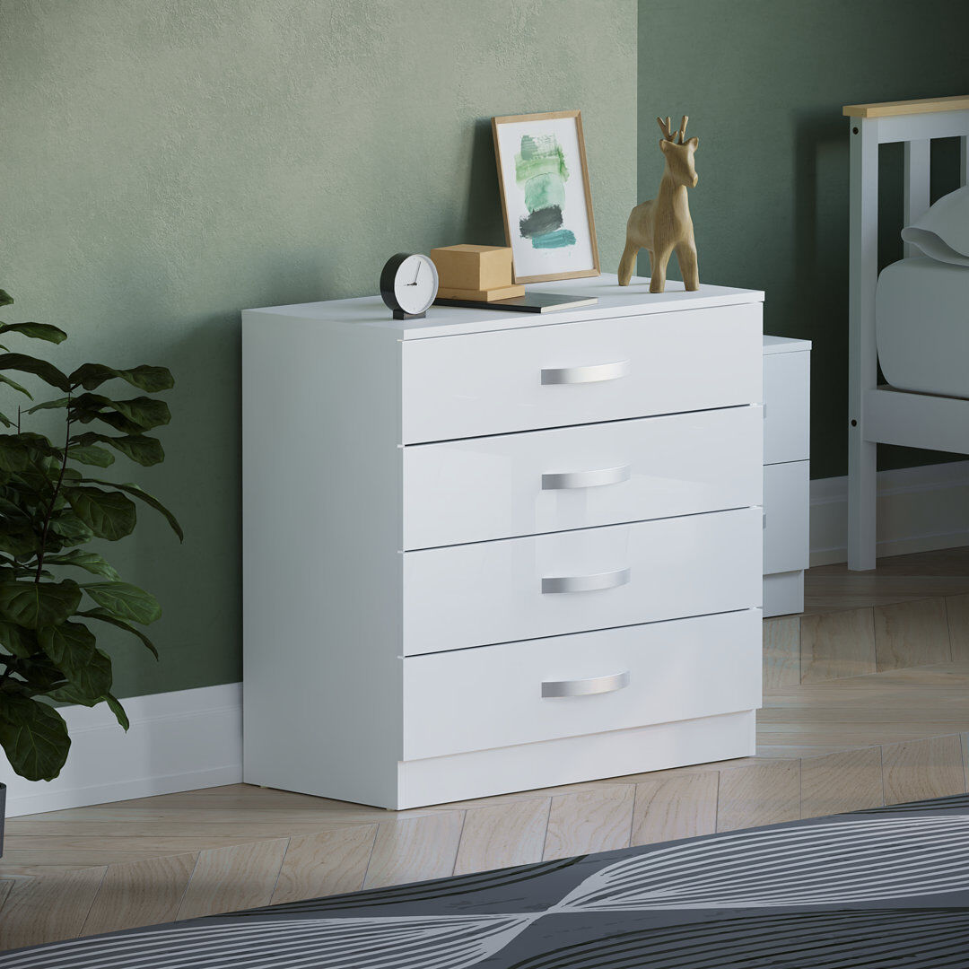 17 Stories Arkadij 4 - Drawer High Gloss Chest of Drawers With Metal Runners, Modern Bedroom Storage Cabinet White 72cm H X 75cm W X 36cm D