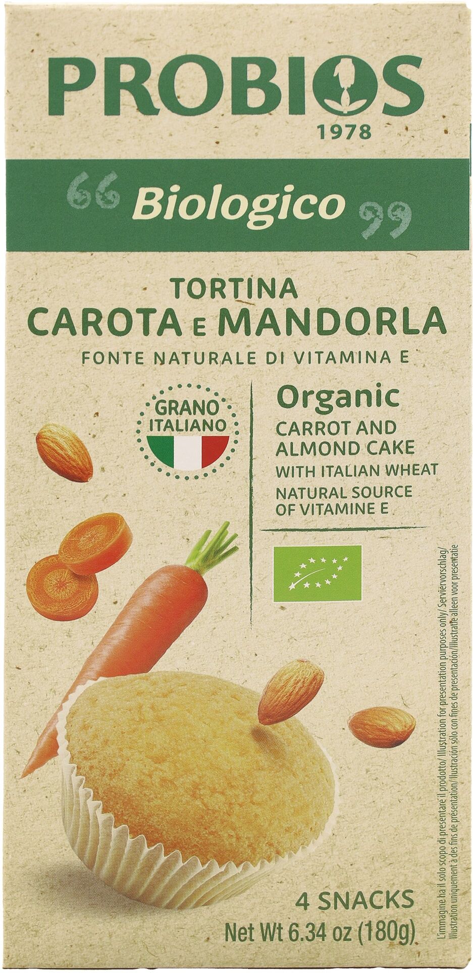 PROBIOS La Via Del Grano - Tortina Alla Carota E Mandorle 4 Snack Da 45 Grammi 