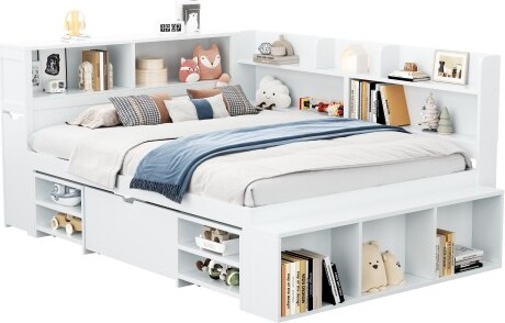 Kinderbett 140x200 cm Ohne Matratze Einzelbett Weiss Multifunktionales Kinderbett Mit Schubladen Buecherregal Stauschrank Grosser Stauraum Lattenrost