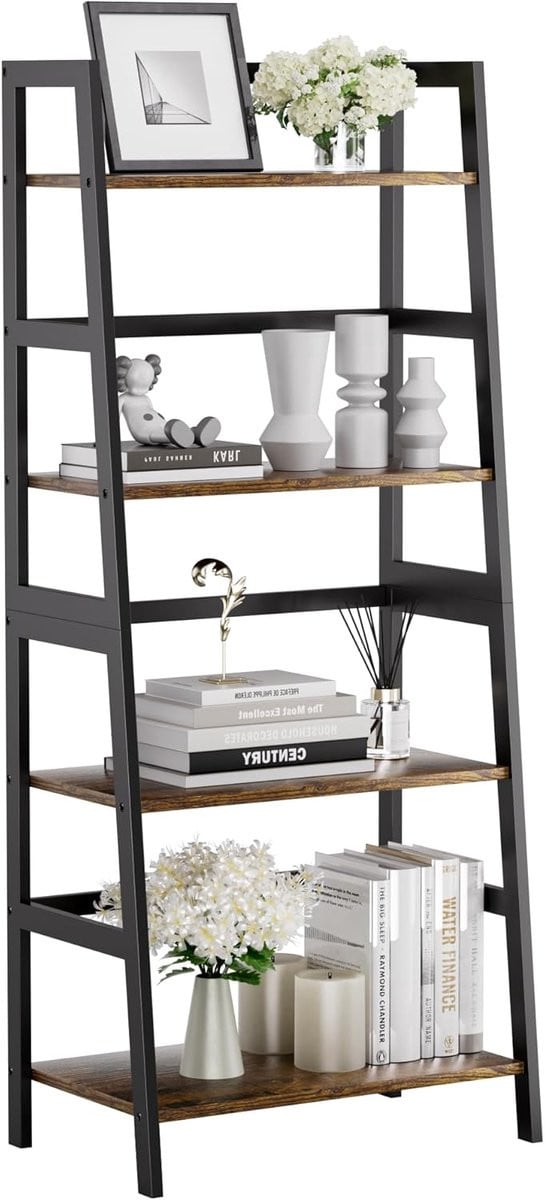 Vrijstaande ladderplank met 4 niveaus en bamboe frame, rustiek bruin en zwart