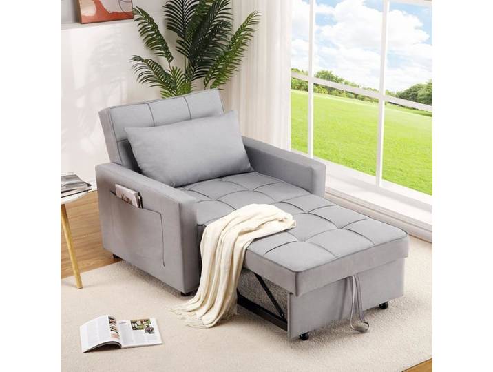 LUNSY - Canape Convertible - Canapé Lit 1 Place - 3 en 1 - Fauteuil - Chaise Longue - Coussin - Réglable - Roues - Gris clair