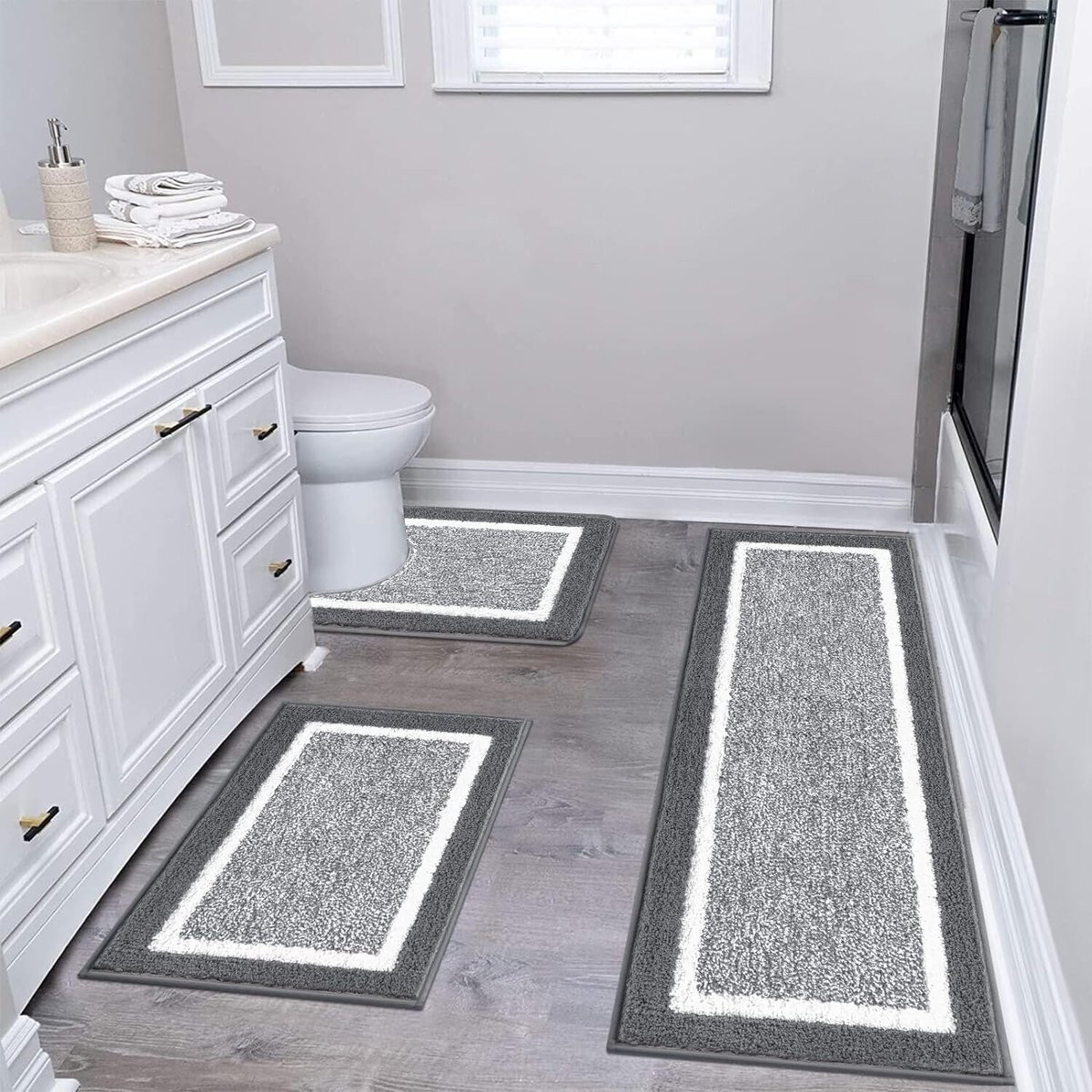 3-delige luxe badkamermat set, absorberend en antislip, donkergrijs