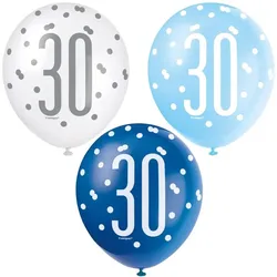 6 Luftballons blau & silber Zahl 30