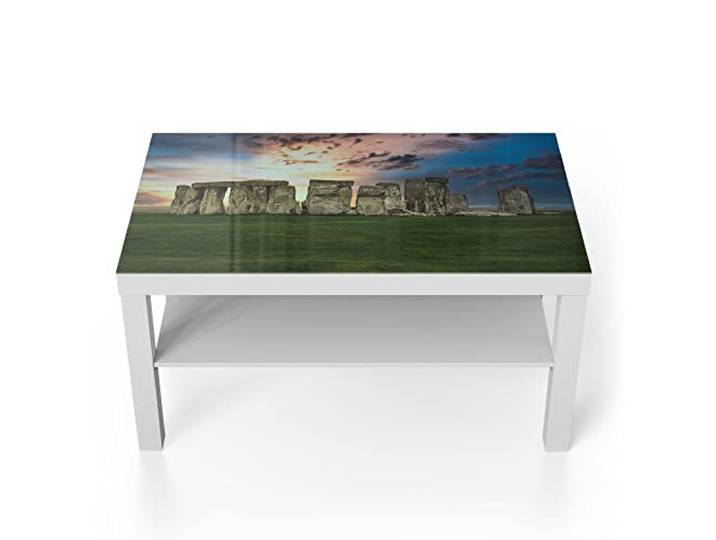DEQORI Glastisch weiß groß 90x50 cm Motiv Stonehenge bei Dämmerung ausgefallener Beistelltisch aus Glas Hochglanz Couchtisch fürs Wohnzimmer moderner Couch Tisch mit Design