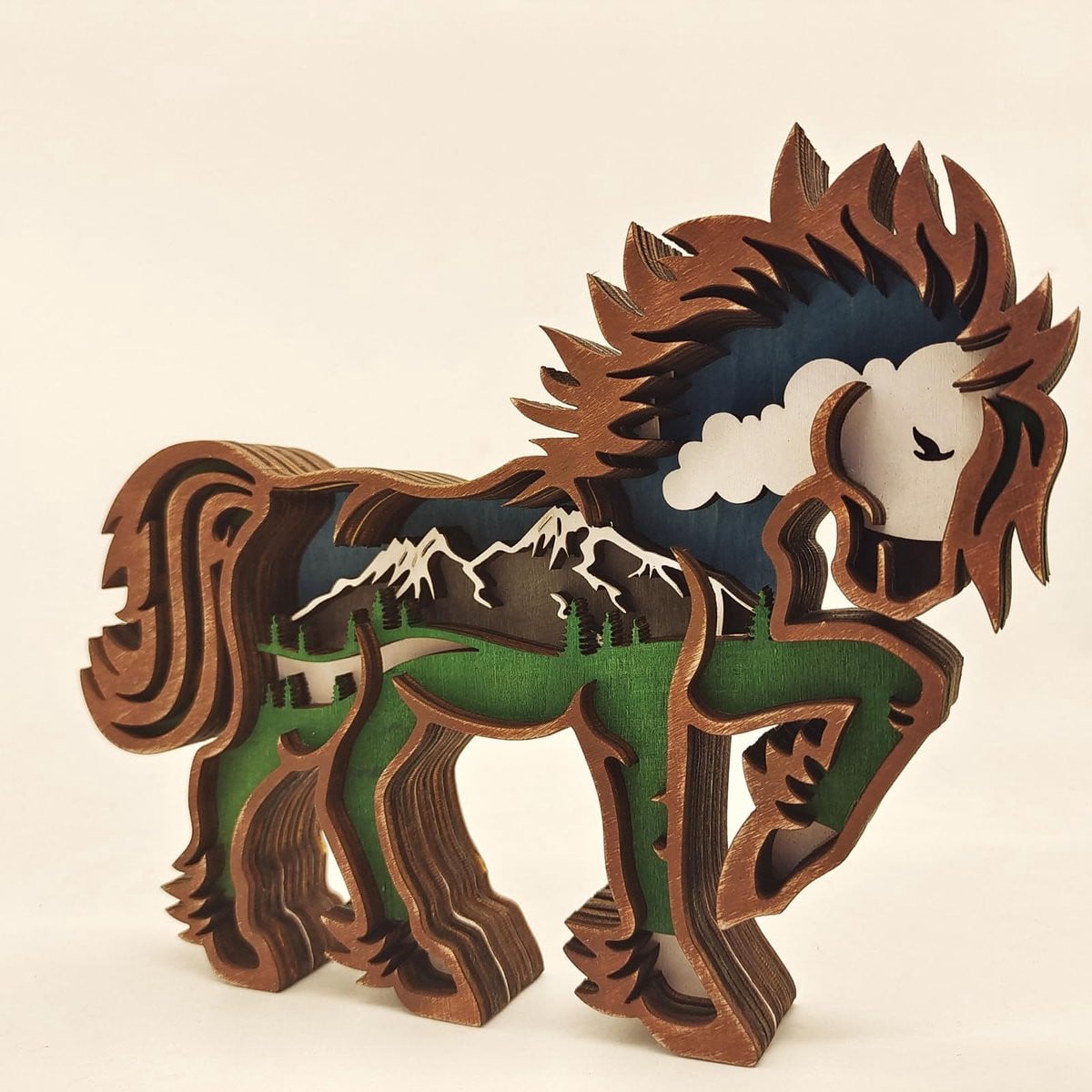 Houten Dieren Beeldje - Meerlaags Houten Snijwerk Paard - Decoratie voor Thuis of Kantoor