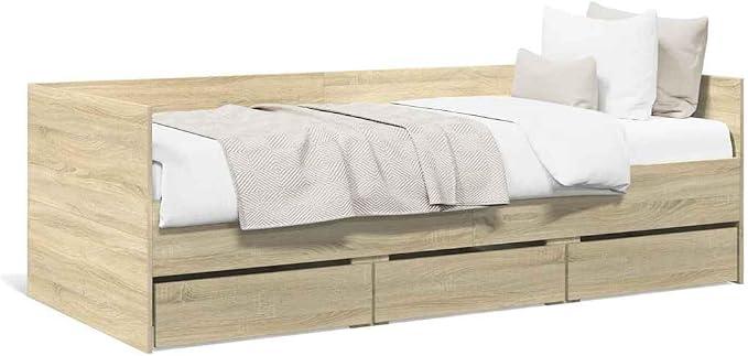 90x190 cm Pull-Out Wood Daybed with 3 Drawers Sonoma Oak | Features a 2-in-1 extendable frame with rolling underbed storage for guest rooms; mattress is not included.