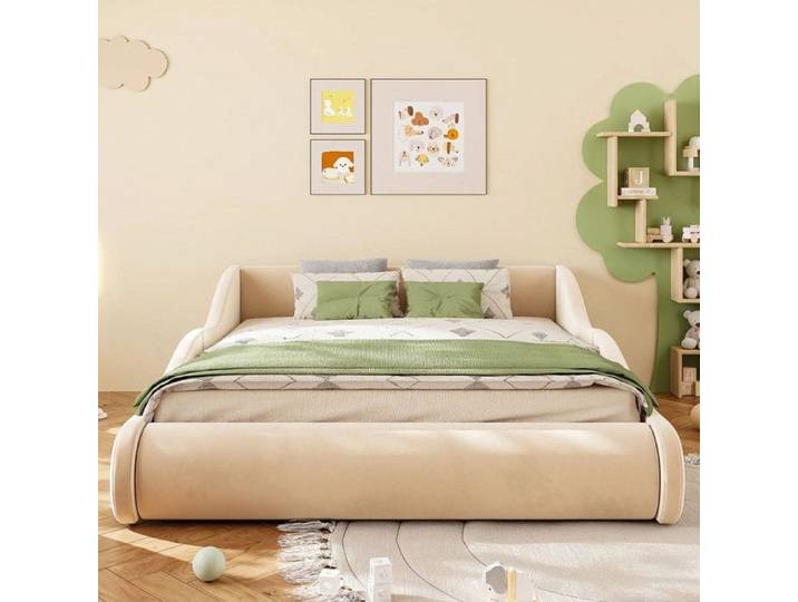 Lit enfant 140x200 cm velours beige avec tête de lit et barrières de sécurité – Norevia