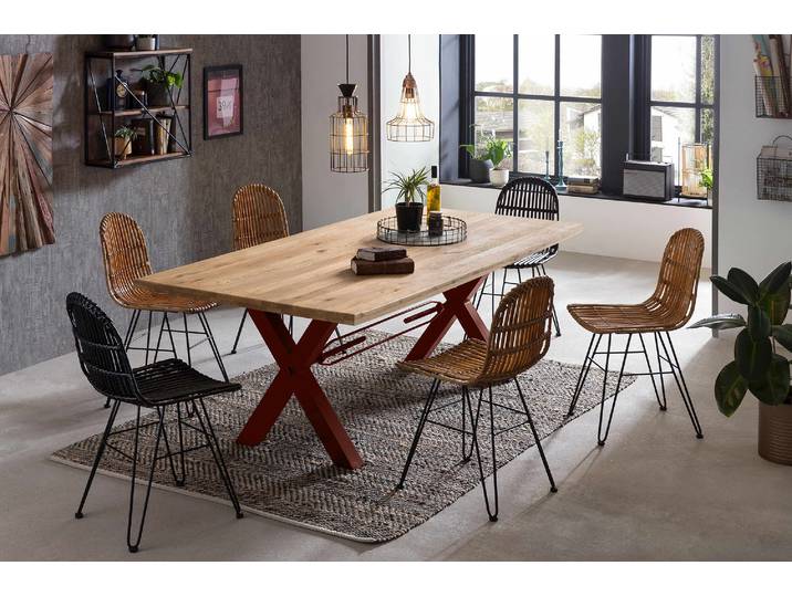 Esstisch SIT Gent Wildeiche Massivholz mit X-Gestell aus Metall, Industrial , braun (natur, antikbraun, antikbraun, natur), B:220cm H:76cm T:100cm, Platte Wildeiche geölt, Gestell Metall, Tische, Esstisch, Robustes X-Gestell aus Metall für hohe Stabilität