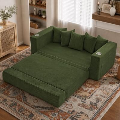 Kodotan sofa Off White Corduroy Convertible Sofa Bed, 3 Seater Couch with Cup Holders for Small Living Room Bedroom
