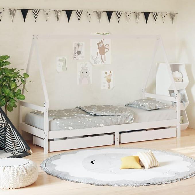 Kinderbett mit Schubladen Weiß 80x200 cm Massivholz Kiefer Lattenrost Stauraum Hausbett Design für Kinderzimmer Schlafplatz mit Rausfallschutz und praktischem Bettgestell