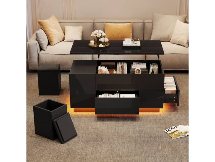 Table basse relevable 4-en-1 avec LED 2 tiroirs 2 tabourets noire 100 × 50 × 45 cm