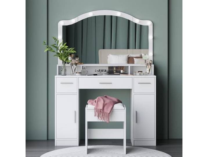 Vicco Schminktisch Lumira, Weiß 110 cm Spiegel mit LED-Beleuchtung · Hocker · 3 Schubladen · Bodenstehend · Offene Ablagefächer