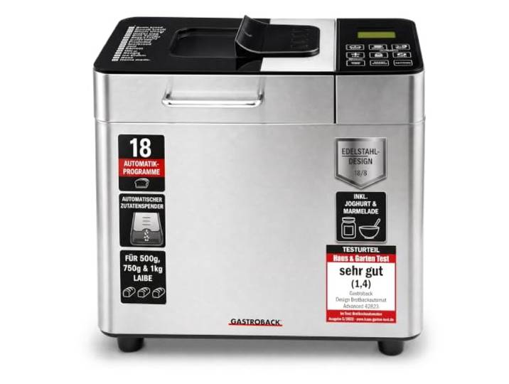 GASTROBACK Brotbackautomat Advance - Vollautomatische Brotbackmaschine + 18 Programmen inkl. Joghurtmaschine, Timer-Funktion, Zutatenfach, Sichtfenster, Brotautomat / Backmaschine in Edelstahl Optik