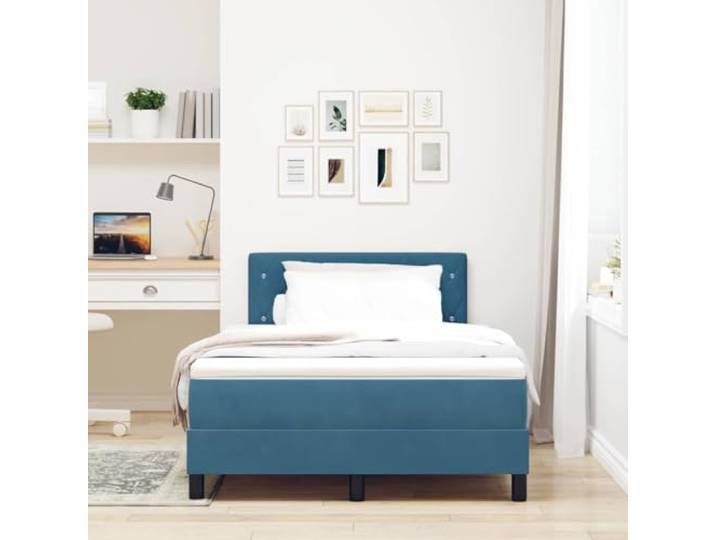 KTHLBRH Boxspringbett dunkelblau 120 x 200 cm Samt Kopfteil aus Kunstleder, Rahmen mit festen Latten, robuste Struktur