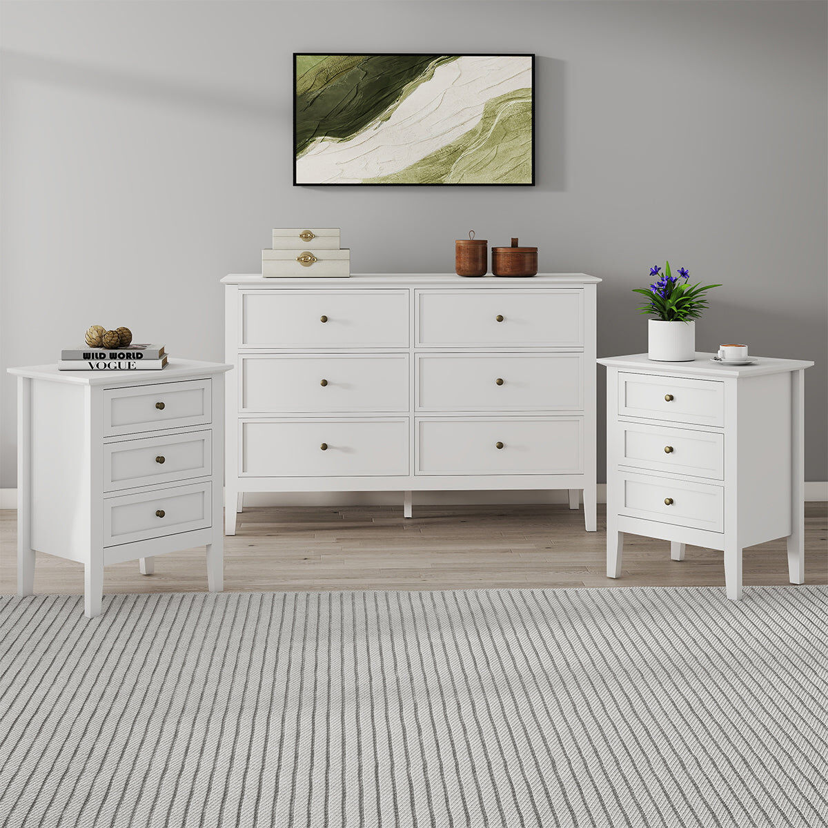 Large 6 Drawer Chest of Drawers and Pair of 3 Drawer Bedside Tables - Rowley White Range Coated MDF, Metal